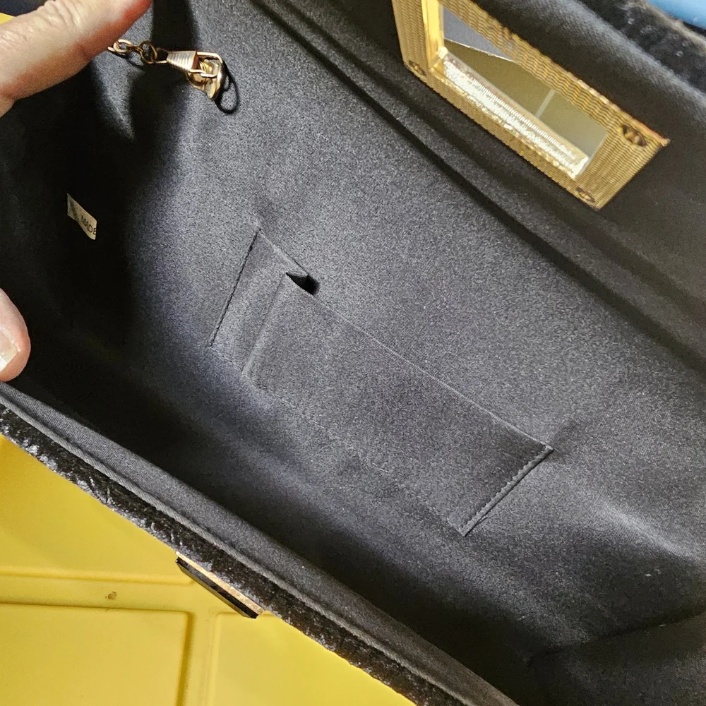 d'margeaux New York Black Velvet Floral Embossed Clutch With Chain Strap